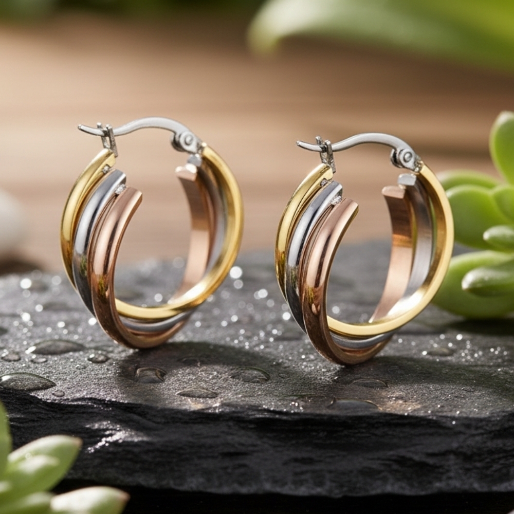 Tri-Color Overlapping Triple Hoops 18k Gold Plated Stainless Steel Earrings